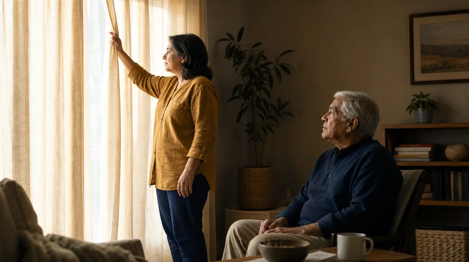 An adult opens a plain curtain in morning light · Returning Home After Treatment for Homestead, FL Residents