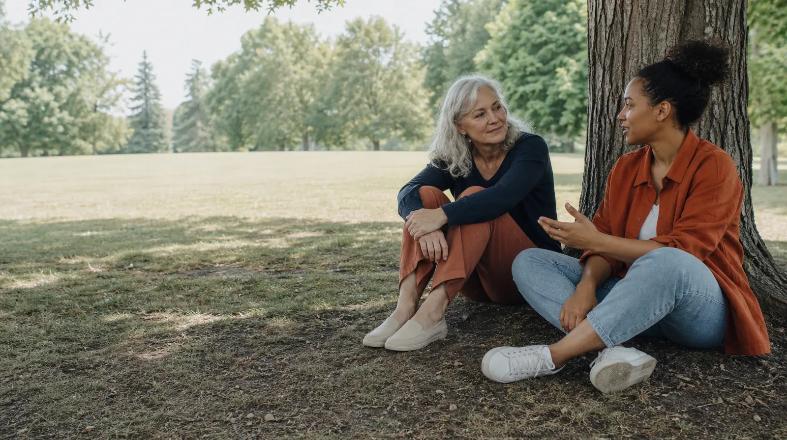 Two adults talk beneath a tree at a public green · Addiction Treatment for Homestead, FL Residents