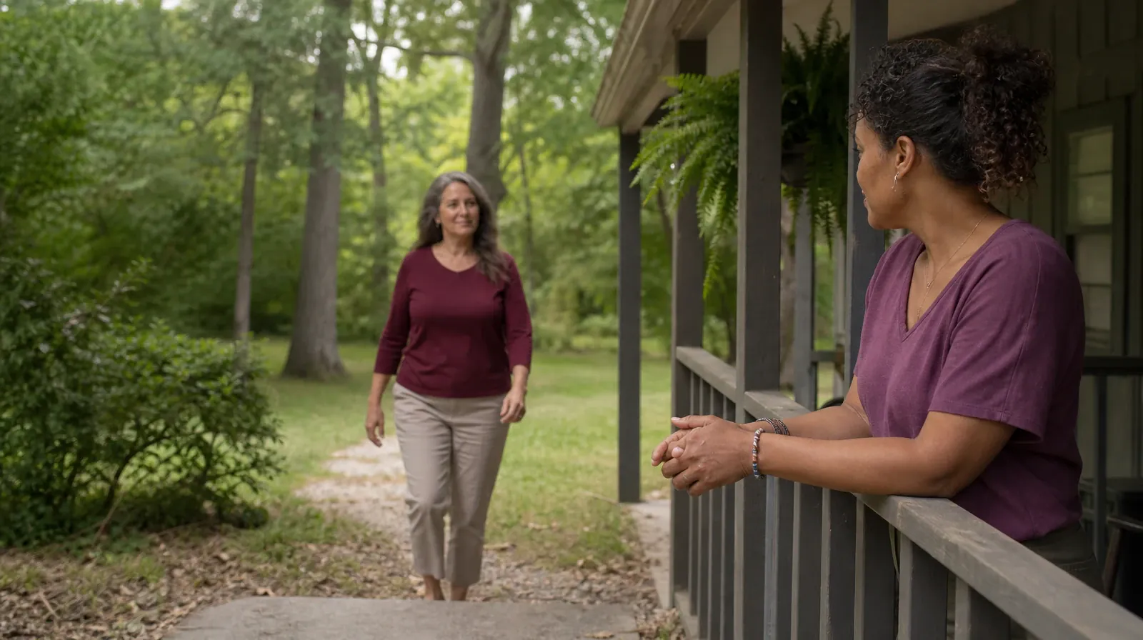 Two adults meet near a shaded porch · Addiction Treatment for Islamorada, FL Residents