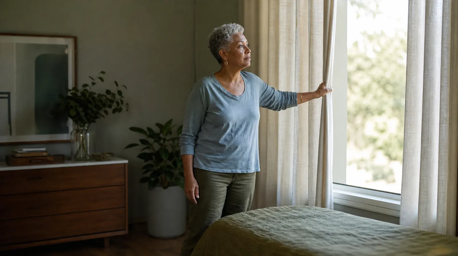 An adult opens a plain curtain in morning light · Cocaine Addiction Treatment for Kendall, FL Residents