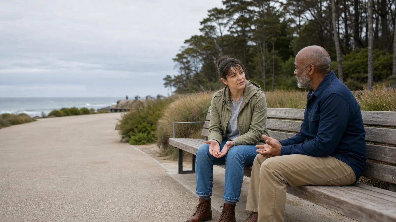 Two adults sit on an outdoor bench and talk · Addiction Treatment for Kendall, FL Residents