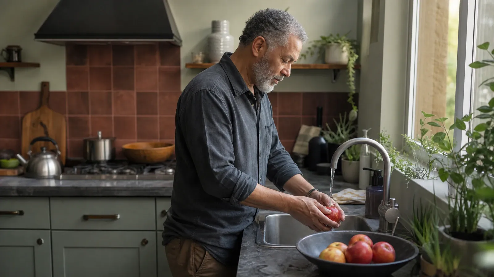 An adult rinses an apple at a kitchen sink · Adult Recovery Support Resources for Key Biscayne, FL Residents