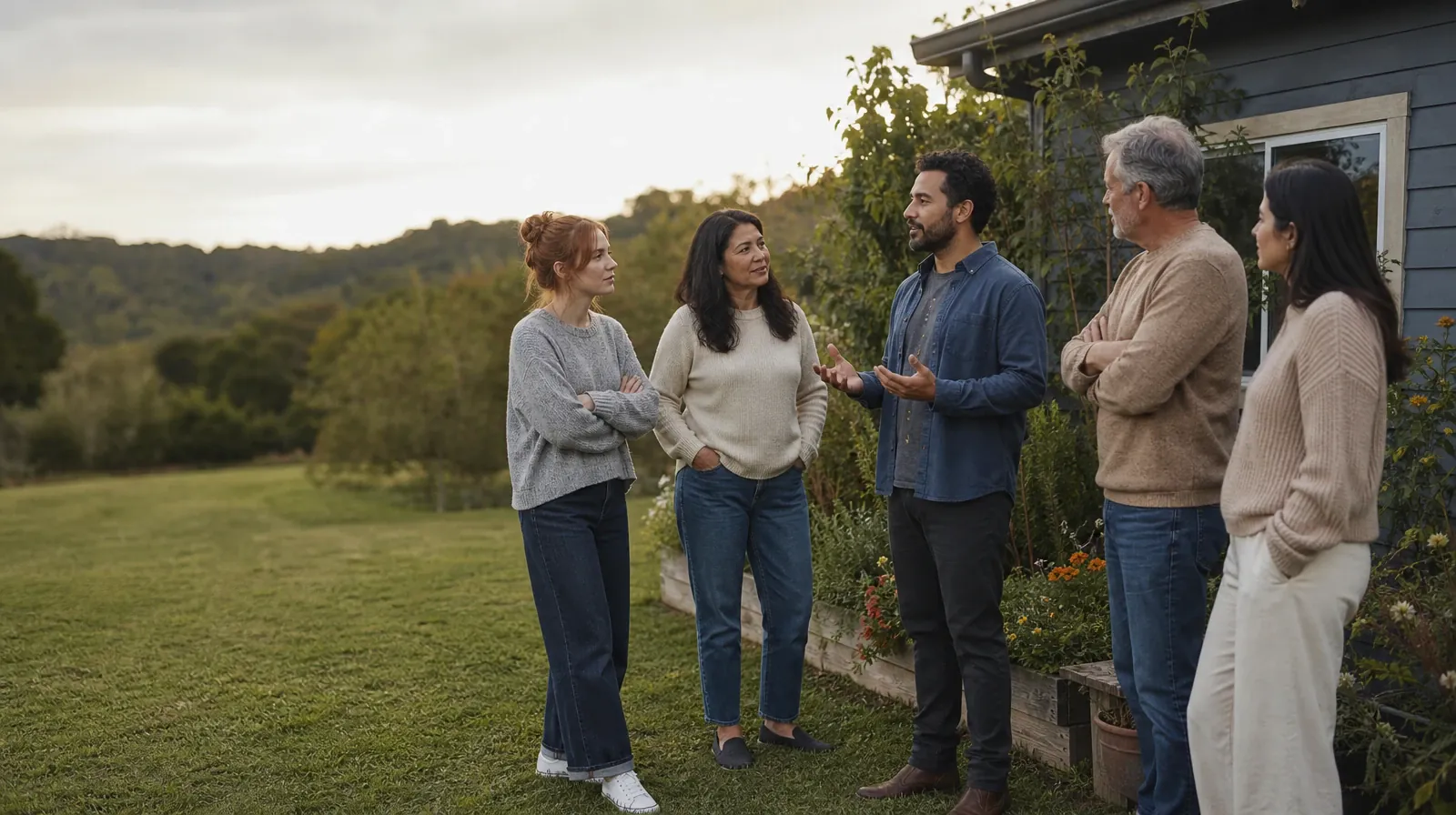 Five adults listen during an informal garden conversation · Addiction Treatment for Key Haven, FL Residents