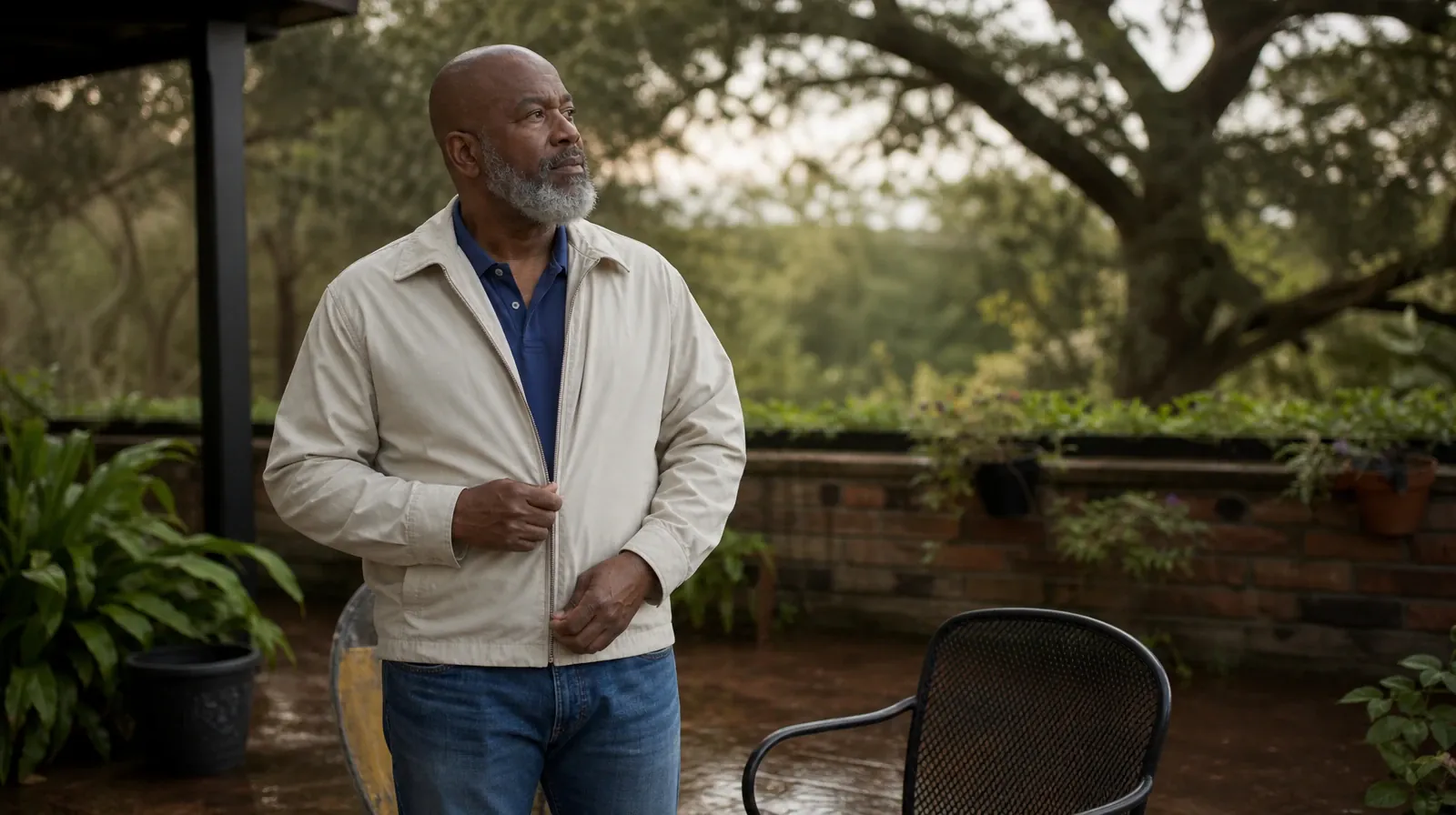 An adult zips a light jacket beside an empty chair · Supporting an Adult Loved One for Key Largo, FL Residents