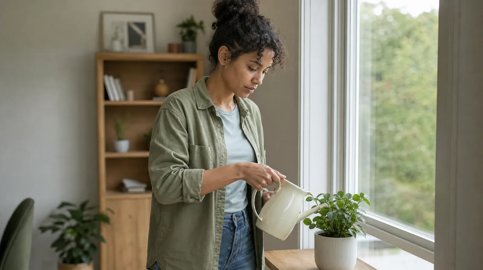An adult waters a small houseplant by a window · Drug and Alcohol Detox for Lake Clarke Shores, FL Residents