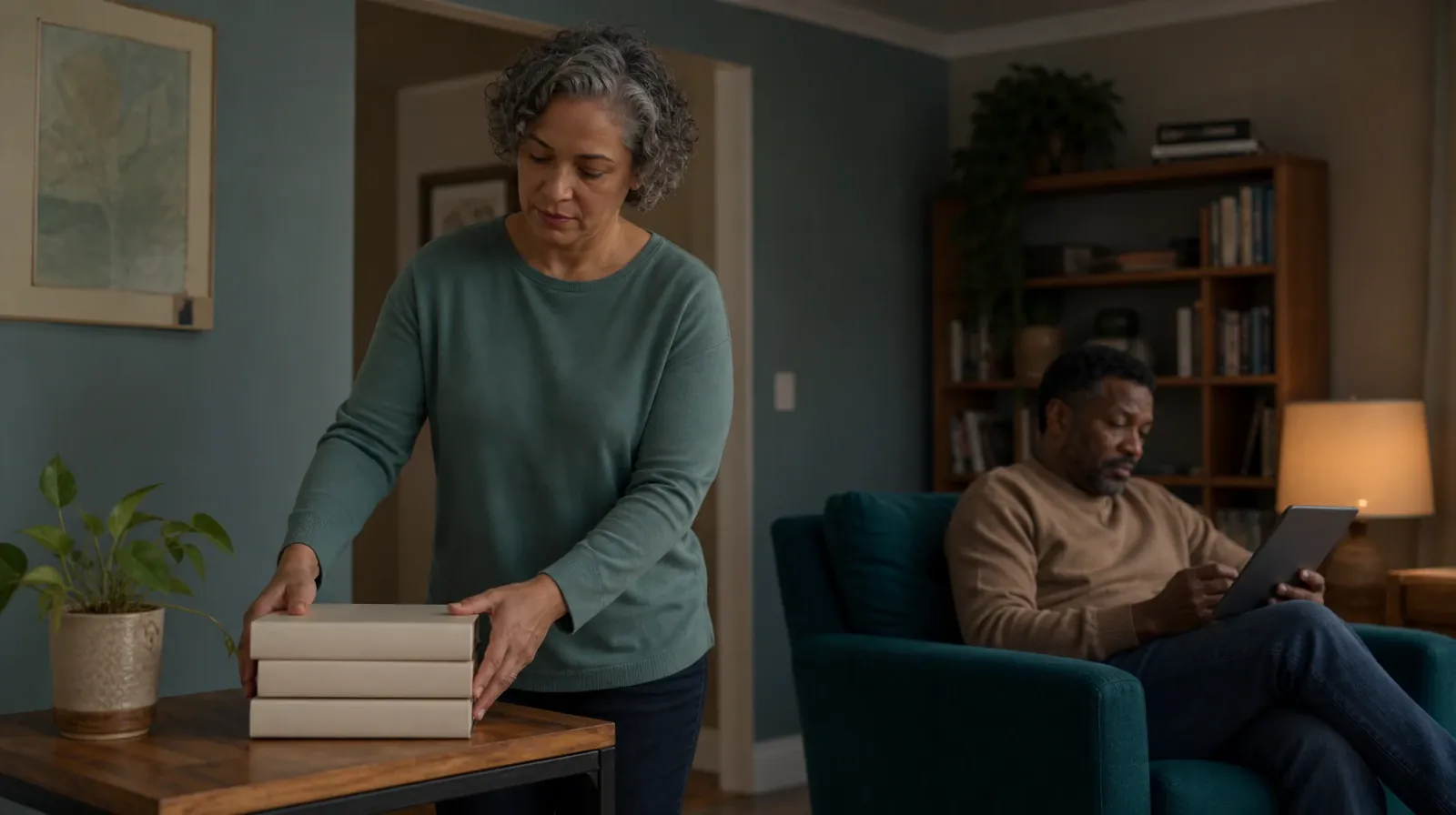 An adult stacks three plain books on a table · Residential Addiction Treatment for Lake Clarke Shores, FL
