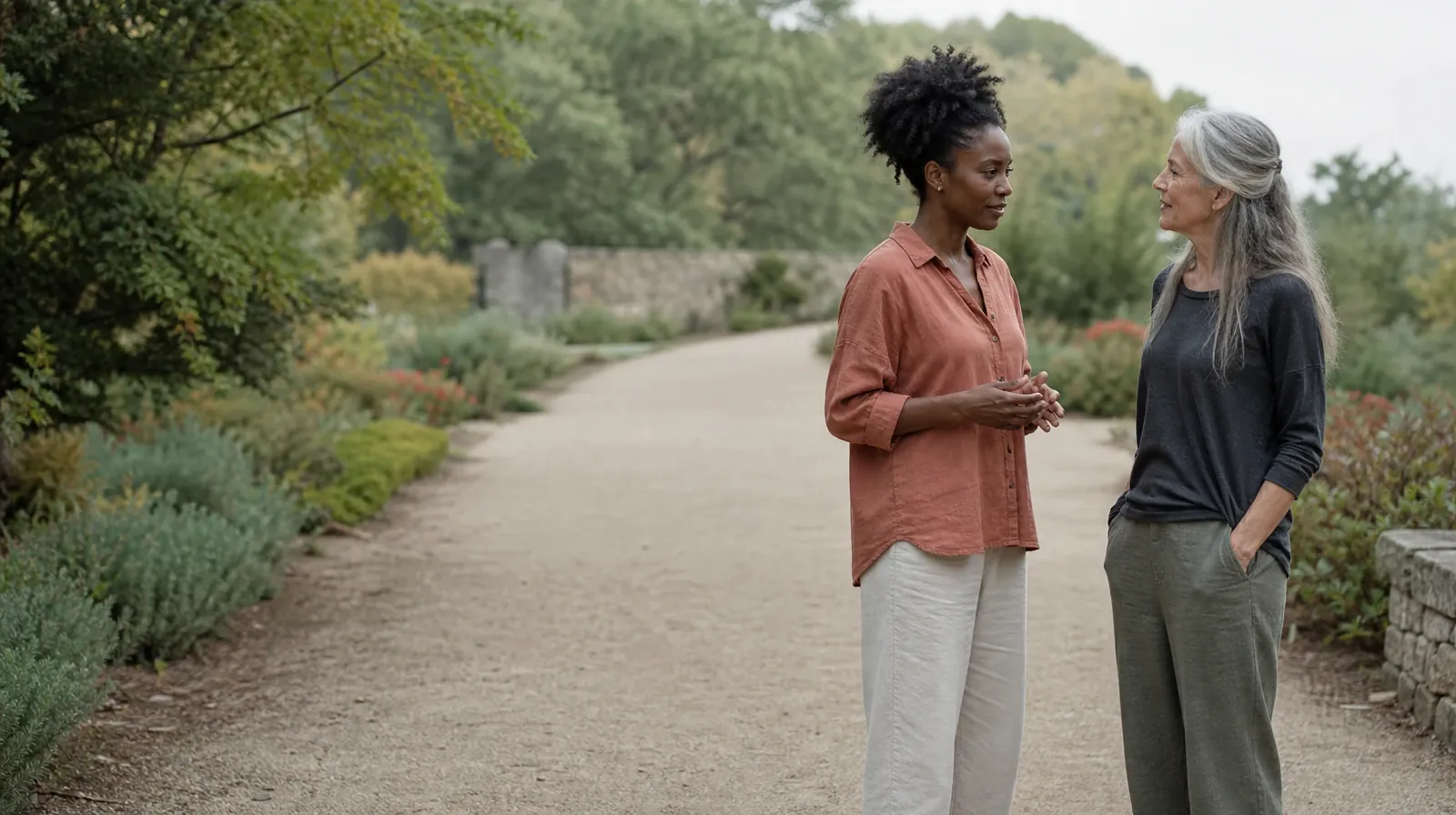Two adults pause to talk on a broad garden path · Planning Time Away for Treatment for Lake Clarke Shores, FL
