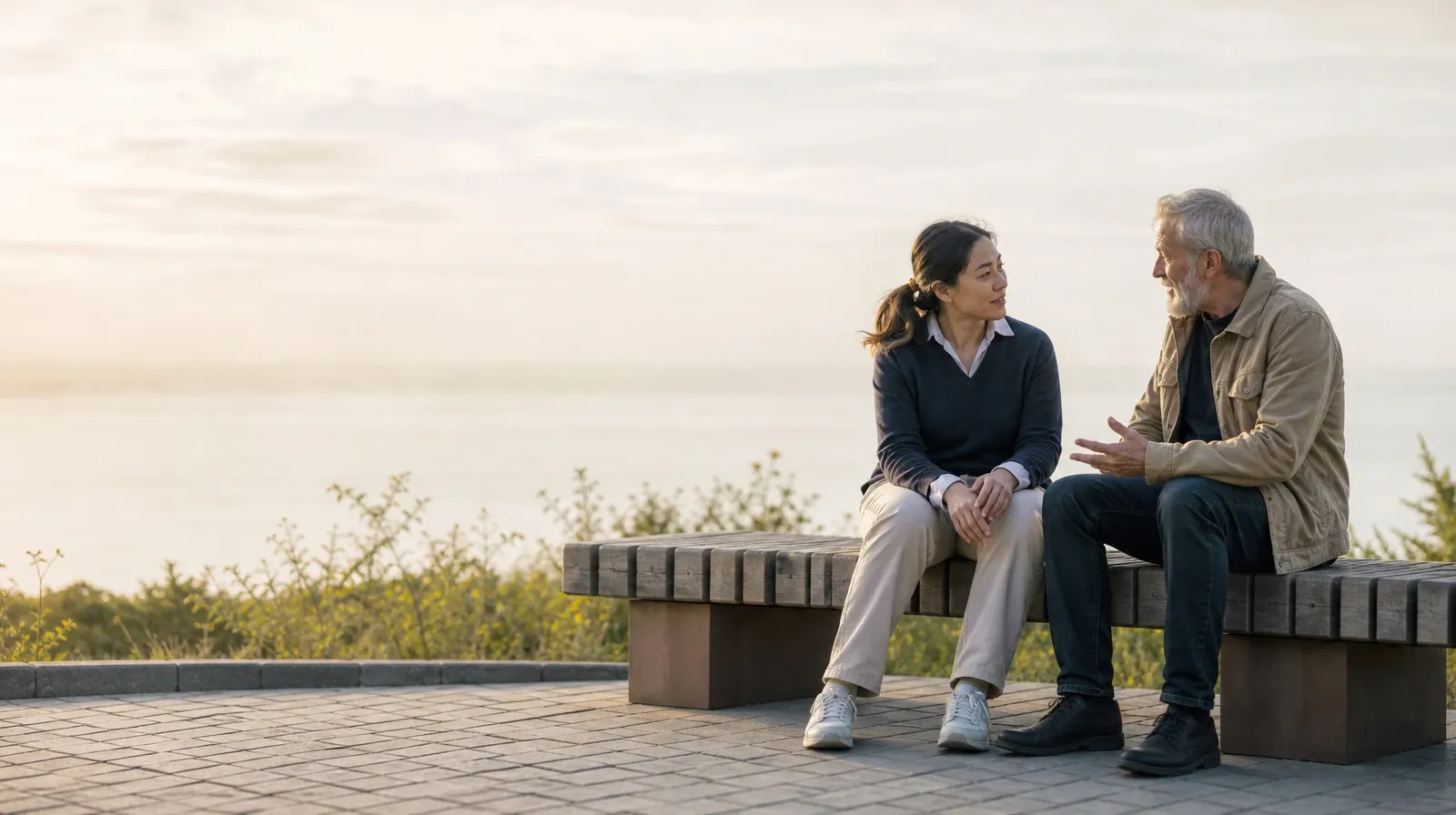 Two adults sit on an outdoor bench and talk · Planning a Treatment Assessment for Lake Park, FL Residents