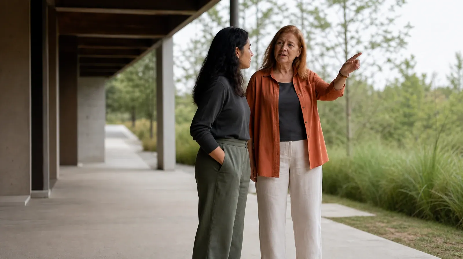 Two adults talk beneath a covered walkway · Returning Home After Treatment for Lake Park, FL Residents