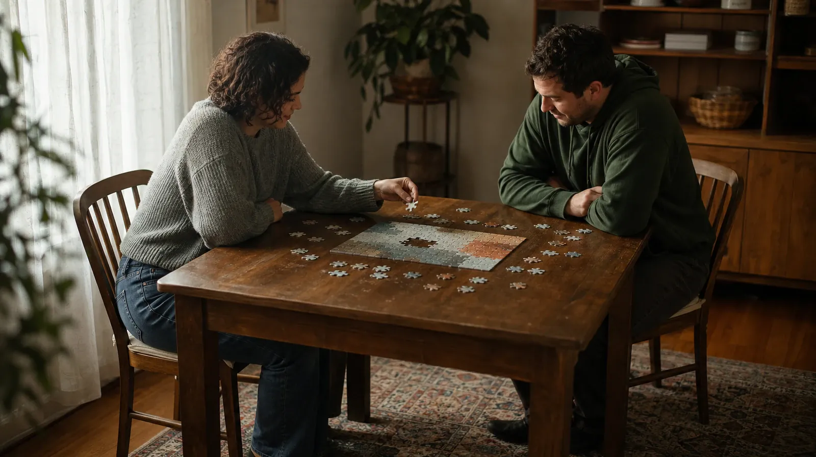 Addiction Treatment for Lake Park, FL Residents | Two adults work on an abstract jigsaw puzzle at a dining table Two adults work on an abstract jigsaw puzzle at a dining table · Addiction Treatment for Lake Park, FL Residents