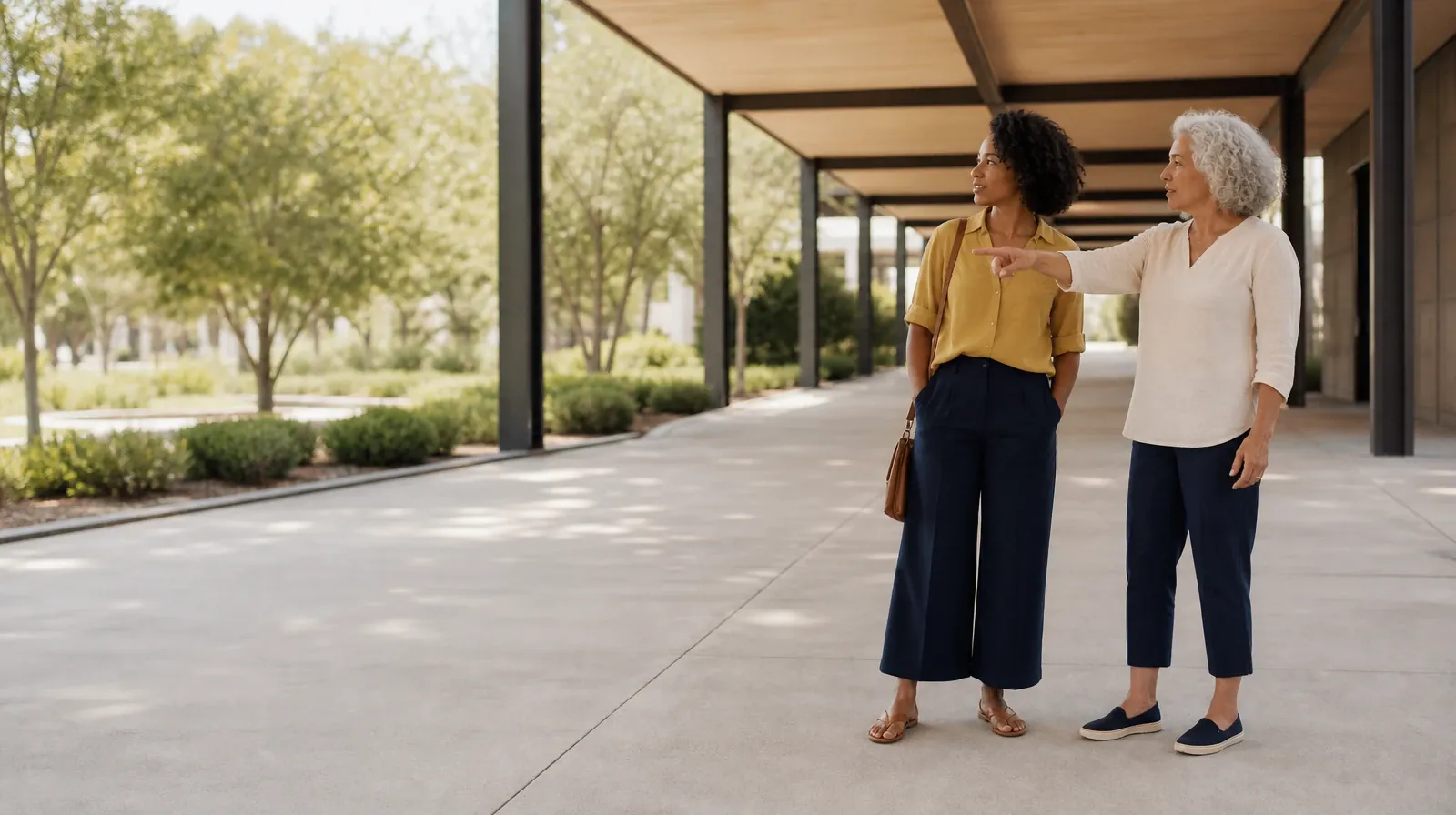 Language and Accessibility Questions for Lake Worth Beach, FL | Two adults talk beneath a covered walkway Two adults talk beneath a covered walkway · Language and Accessibility Questions for Lake Worth Beach, FL
