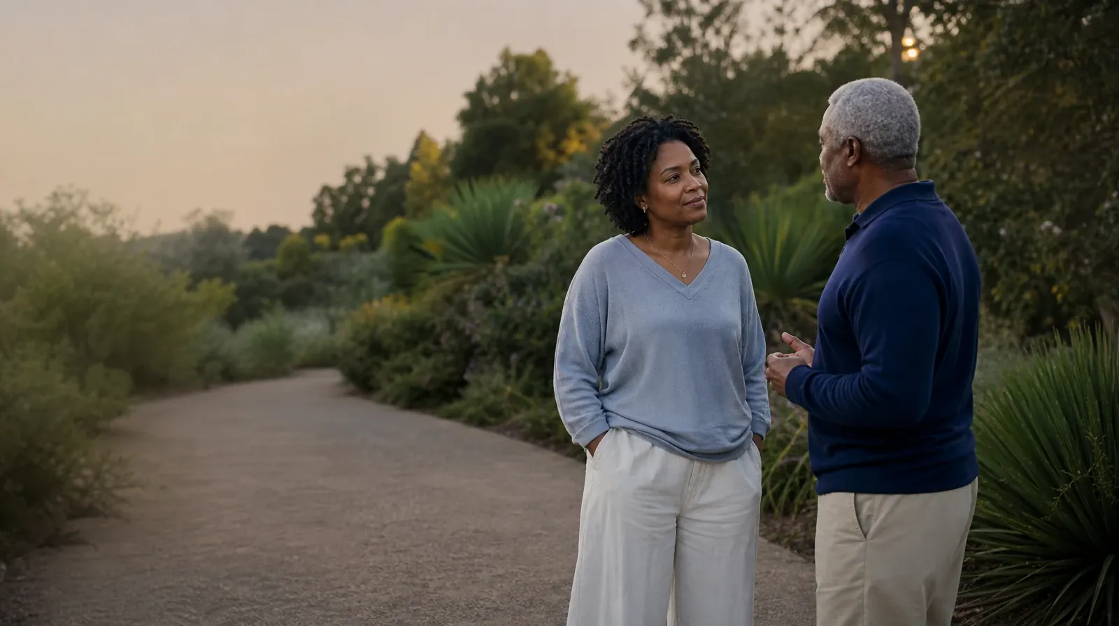 Planning a Treatment Assessment for Lake Worth Beach, FL | Two adults pause to talk on a broad garden path Two adults pause to talk on a broad garden path · Planning a Treatment Assessment for Lake Worth Beach, FL