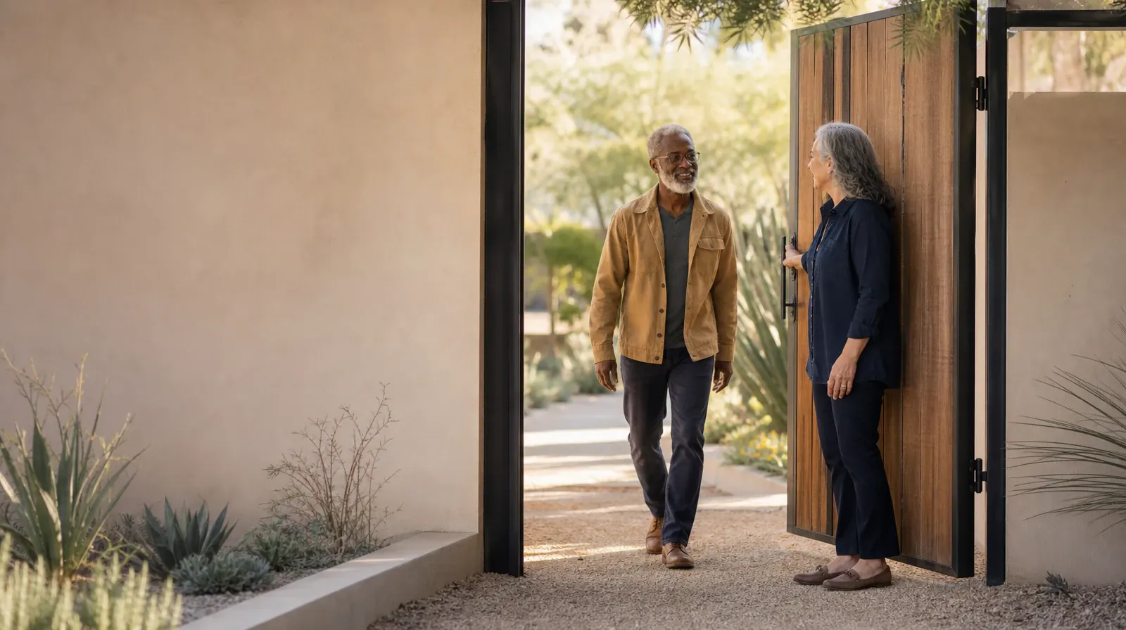 Adult Recovery Support Resources for Lake Worth Beach, FL | One adult holds a garden gate for another One adult holds a garden gate for another · Adult Recovery Support Resources for Lake Worth Beach, FL