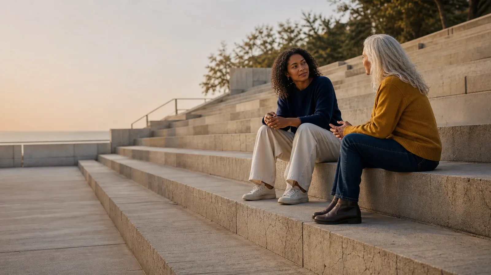 Two adults talk while seated on broad outdoor steps · Starting a Treatment Conversation for Lake Worth Beach, FL