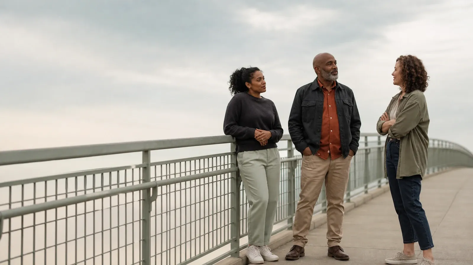 Three adults pause near an anonymous pedestrian bridge · Adult Recovery Support Resources for Lauderhill, FL Residents