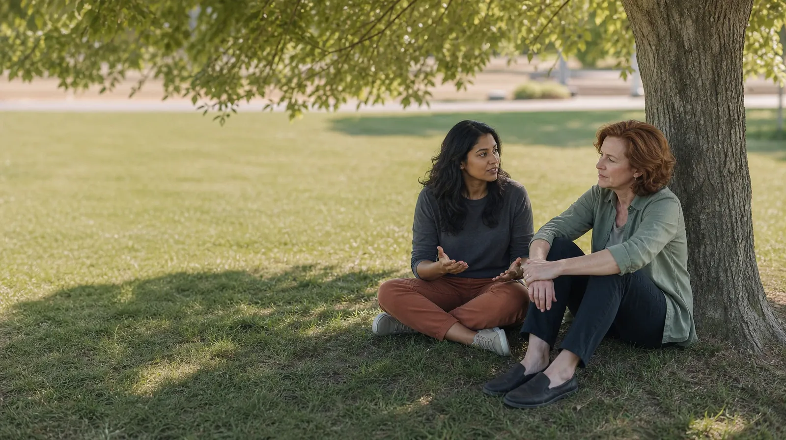 Two adults talk beneath a tree at a public green · Treatment Cost Questions for Lauderhill, FL Residents