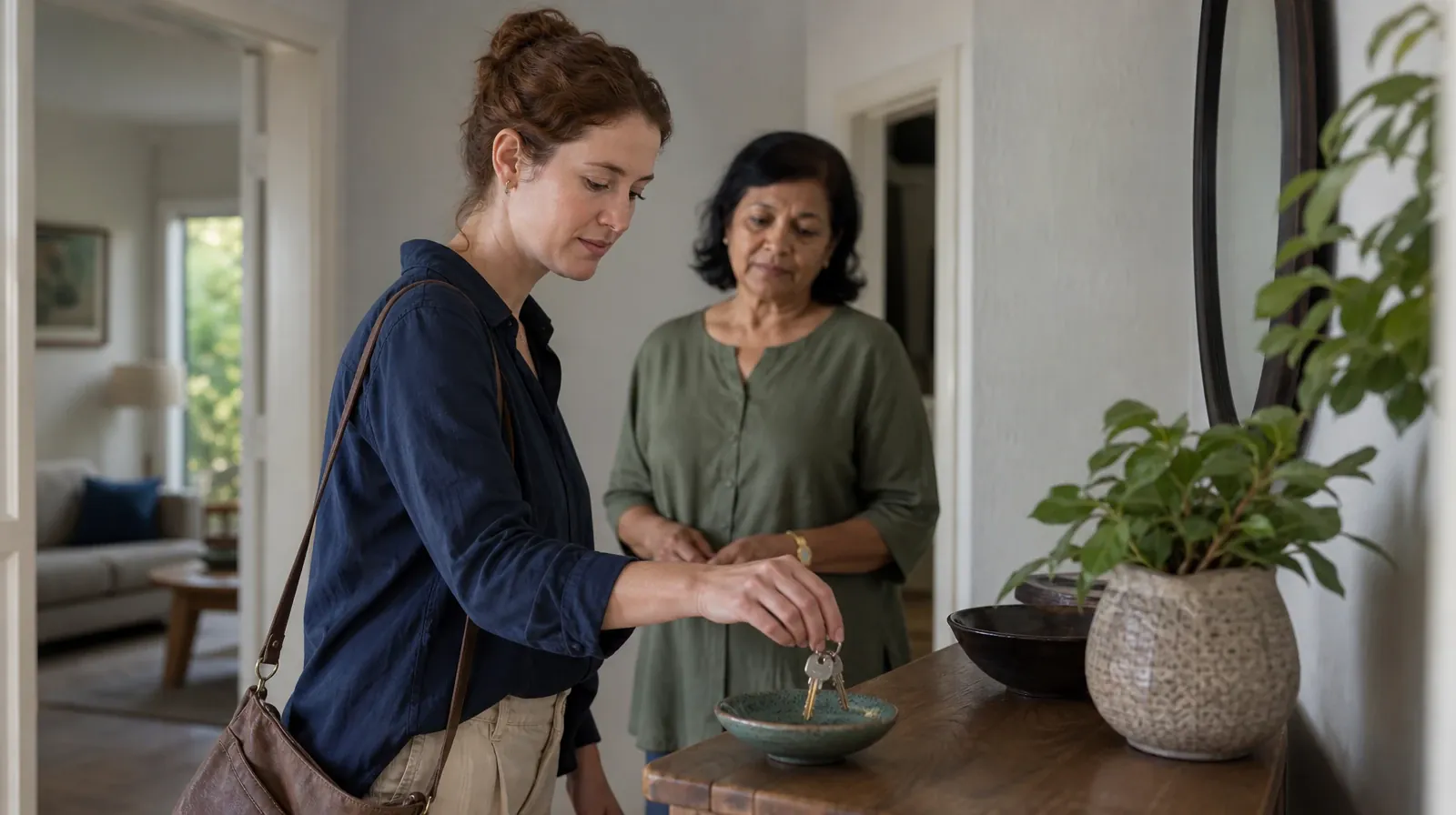 An adult places house keys into a small bowl · Planning Time Away for Treatment for Layton, FL Residents
