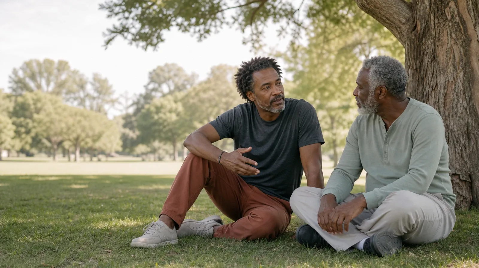 Two adults talk beneath a tree at a public green · Addiction Treatment for Layton, FL Residents