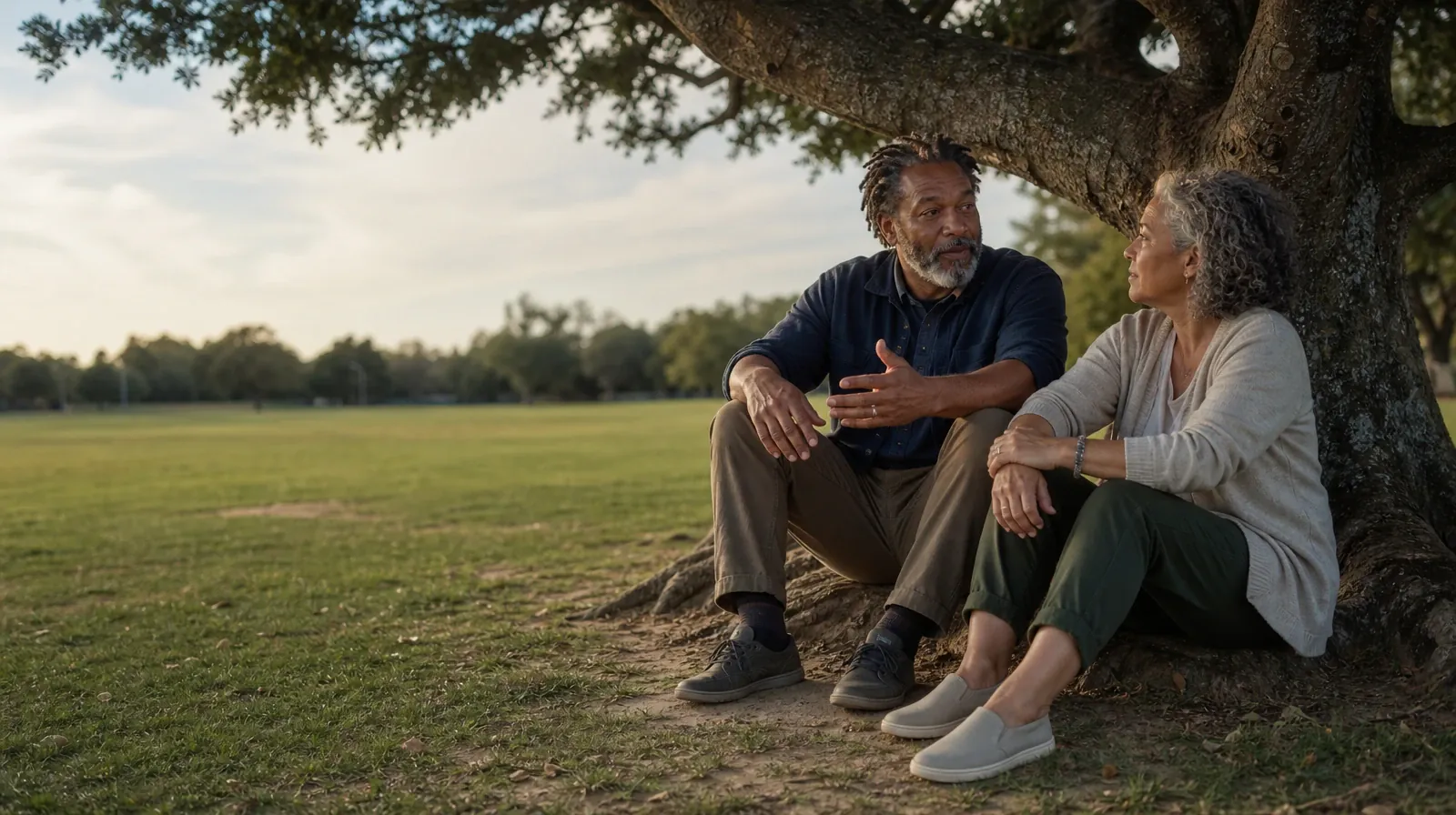 Two adults talk beneath a tree at a public green · Addiction Treatment for Marathon, FL Residents