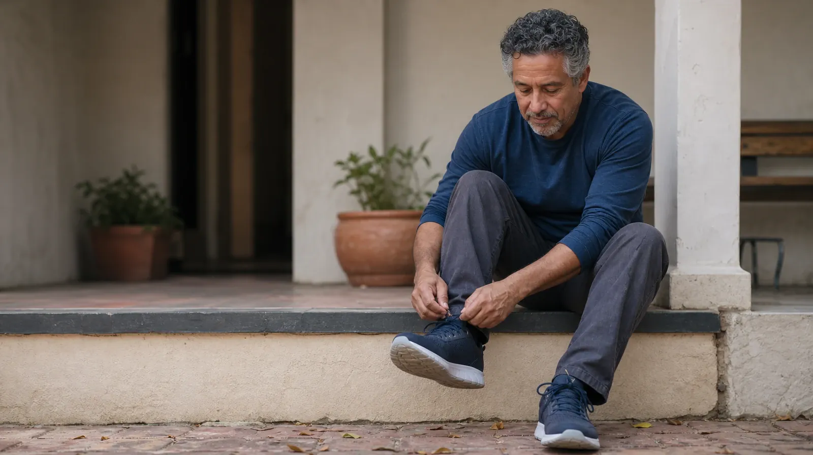 An adult ties a shoe on a low home step · Language and Accessibility Questions for Margate, FL Residents