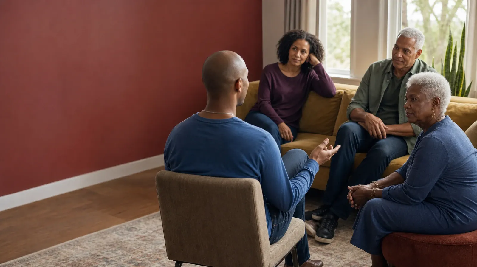 Four adults sit at different depths in a home room, with three turned… · Alcohol Addiction Treatment for Miami, FL Residents