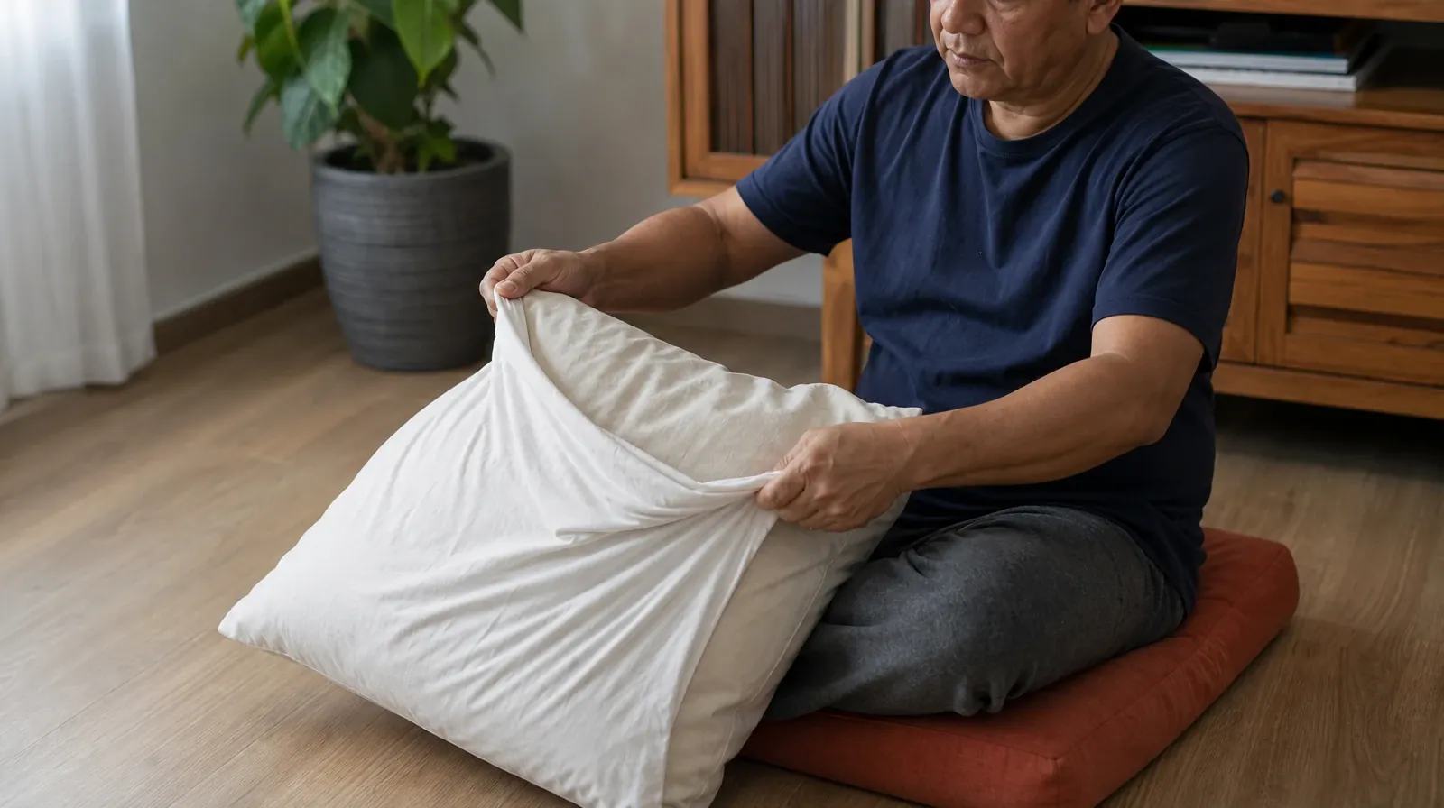 An adult fits a small rectangular pillow into a plain cotton pillowcase · GHB Addiction Treatment for Miami, FL Residents