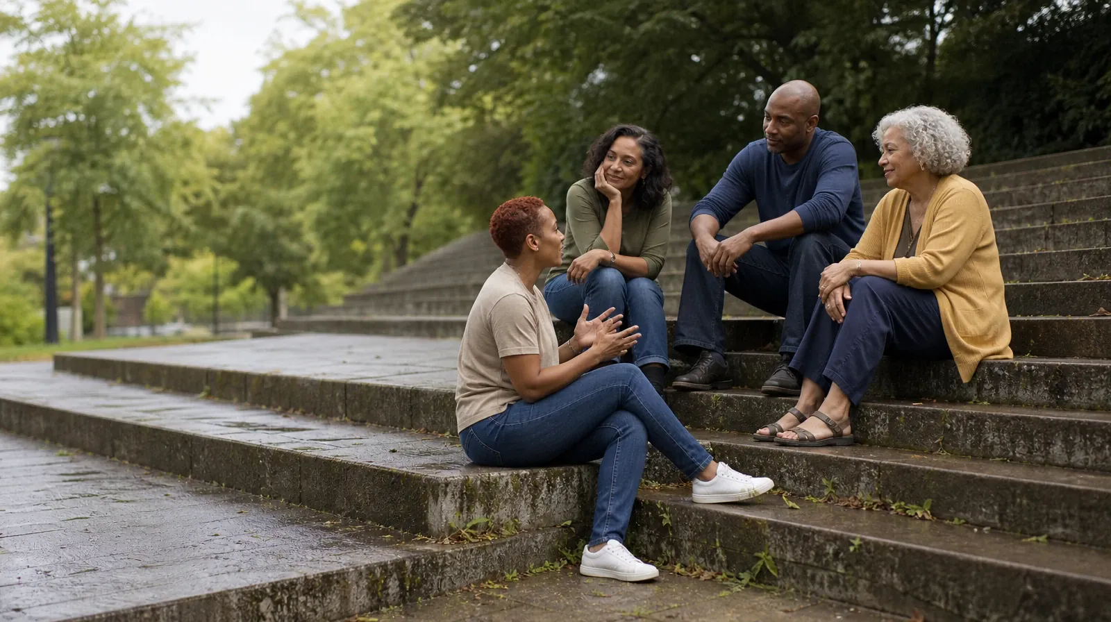 Opioids Addiction Treatment for Miami, FL Residents | Four adults talk while seated at staggered positions on broad low… Four adults talk while seated at staggered positions on broad low… · Opioids Addiction Treatment for Miami, FL Residents