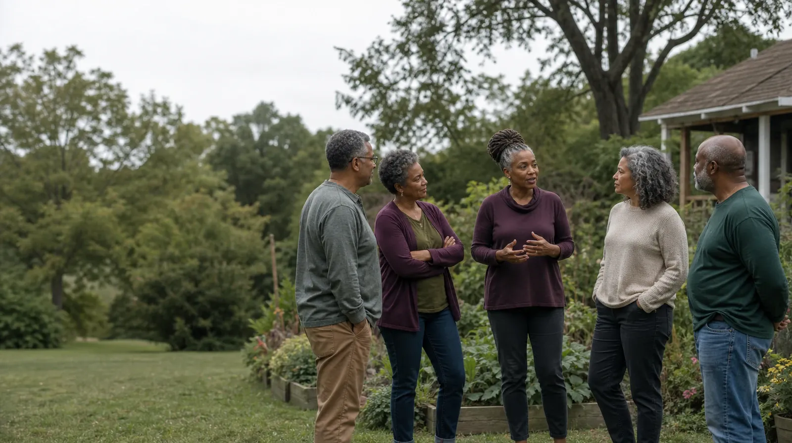 Five adults listen during an informal garden conversation · Addiction Treatment for Allapattah, Miami, FL Residents