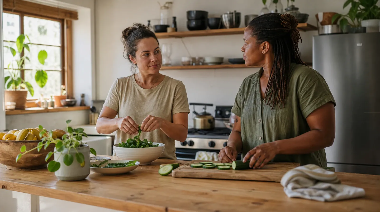 Methamphetamine Addiction Treatment for Miami Beach, FL Residents | Two adult friends prepare leafy greens and cucumber… Two adult friends prepare leafy greens and cucumber… · Methamphetamine Addiction Treatment for Miami Beach, FL Residents