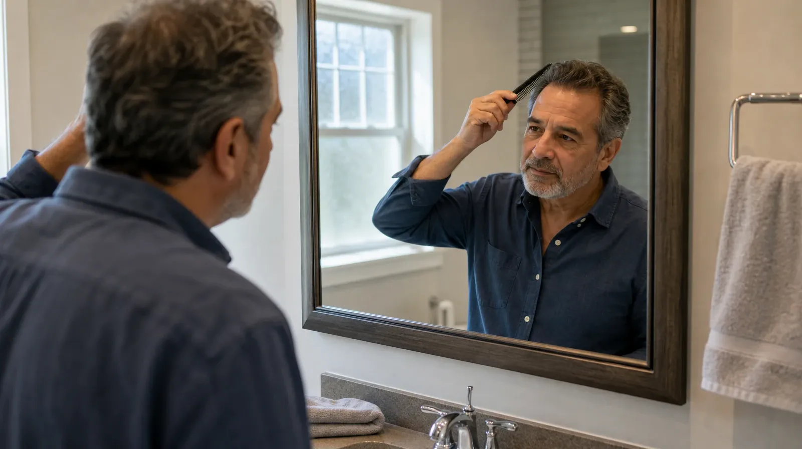 An adult combs their hair while looking in a plain… · Alcohol Addiction Treatment for Coral Way, Miami, FL Residents