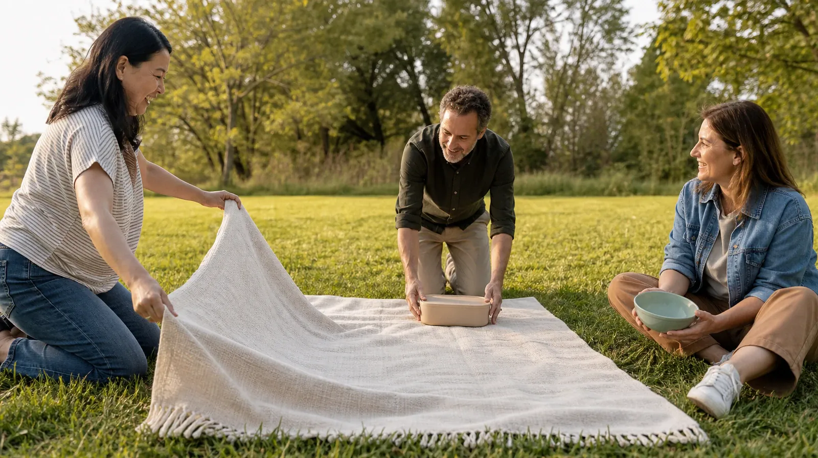 Fentanyl Addiction Treatment for Design District, Miami, FL | Three adult friends set out a modest picnic on a blanket in a… Three adult friends set out a modest picnic on a blanket in a… · Fentanyl Addiction Treatment for Design District, Miami, FL