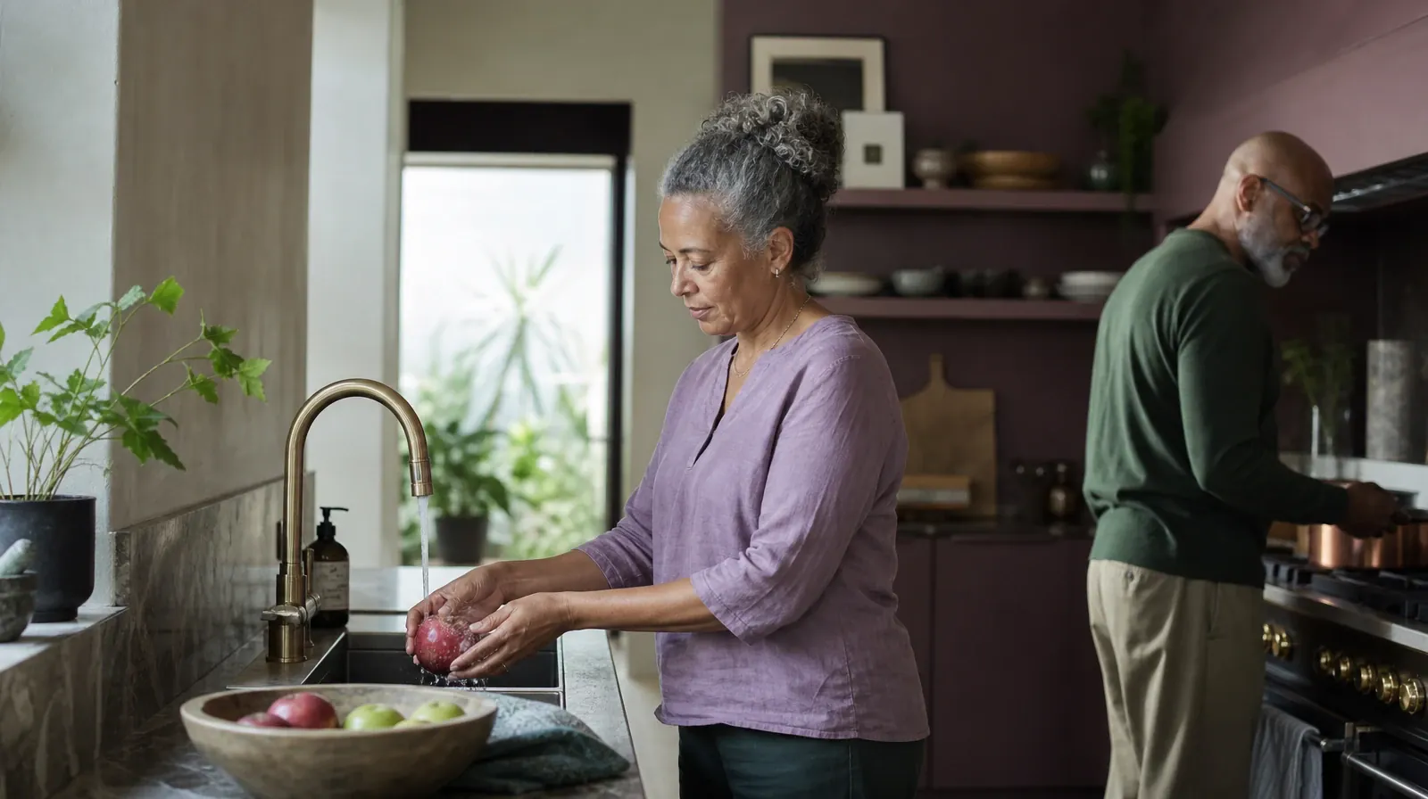 An adult rinses an apple at a kitchen sink · Language and Accessibility Questions for Edgewater, Miami, FL