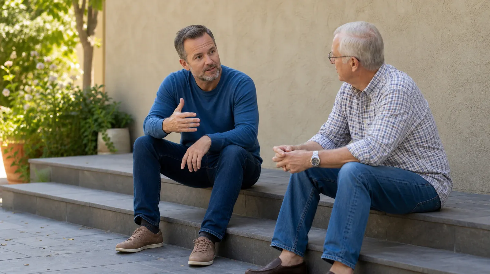 Two adults sit at opposite ends of a broad home back step and… · Opioids Addiction Treatment for Miami Lakes, FL Residents