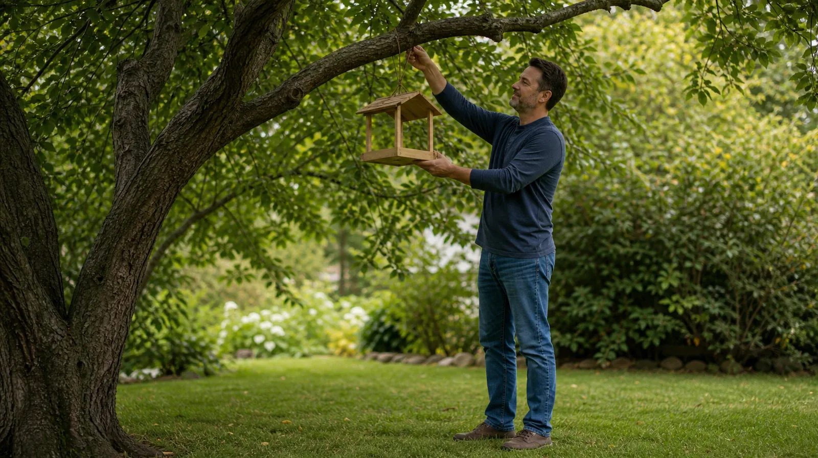 An adult hangs a small wooden bird feeder from a low branch in… · Polysubstance use Addiction Treatment for Miami Lakes, FL