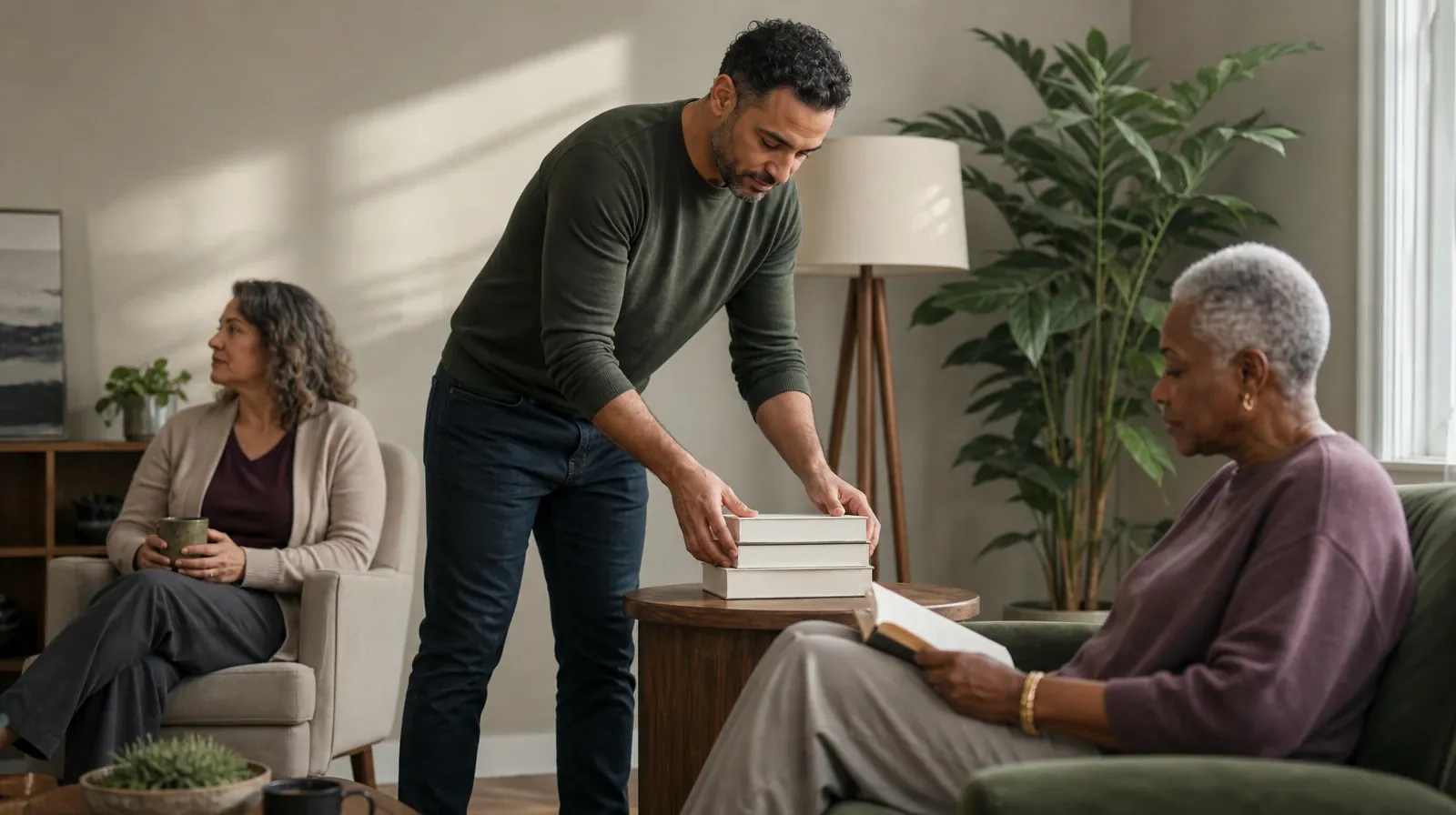 An adult stacks three plain books on a table · Supporting an Adult Loved One for Liberty City, Miami, FL