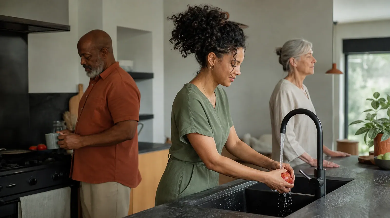 An adult rinses an apple at a kitchen sink · Drug and Alcohol Detox for Little Haiti, Miami, FL Residents
