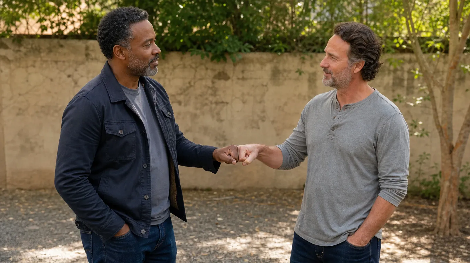 Polysubstance use Addiction Treatment for Midtown, Miami, FL | Two adults exchange a small fist bump in a shaded courtyard Two adults exchange a small fist bump in a shaded courtyard · Polysubstance use Addiction Treatment for Midtown, Miami, FL