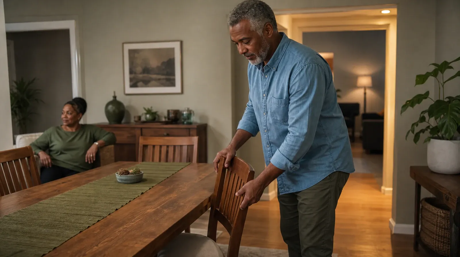 An adult straightens a chair at a cleared table · Planning Time Away for Treatment for Overtown, Miami, FL