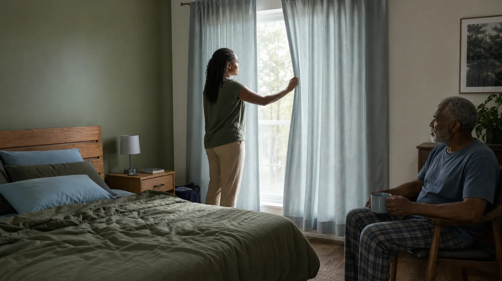 An adult opens a plain curtain in morning light · Starting a Treatment Conversation for Overtown, Miami, FL