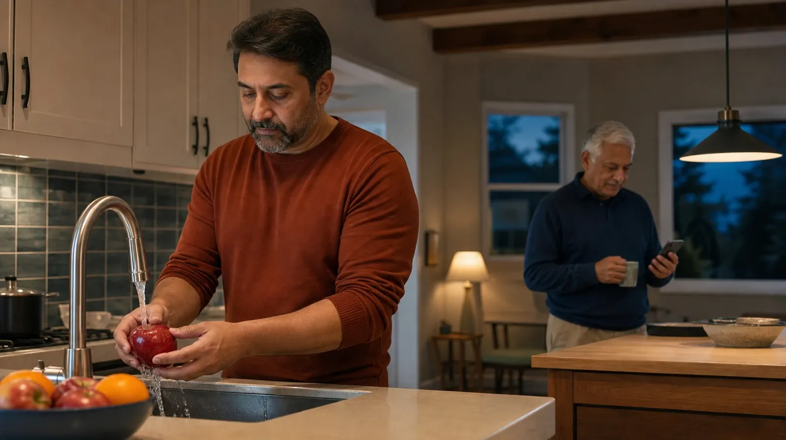 An adult rinses an apple at a kitchen sink · Supporting an Adult Loved One for Overtown, Miami, FL Residents