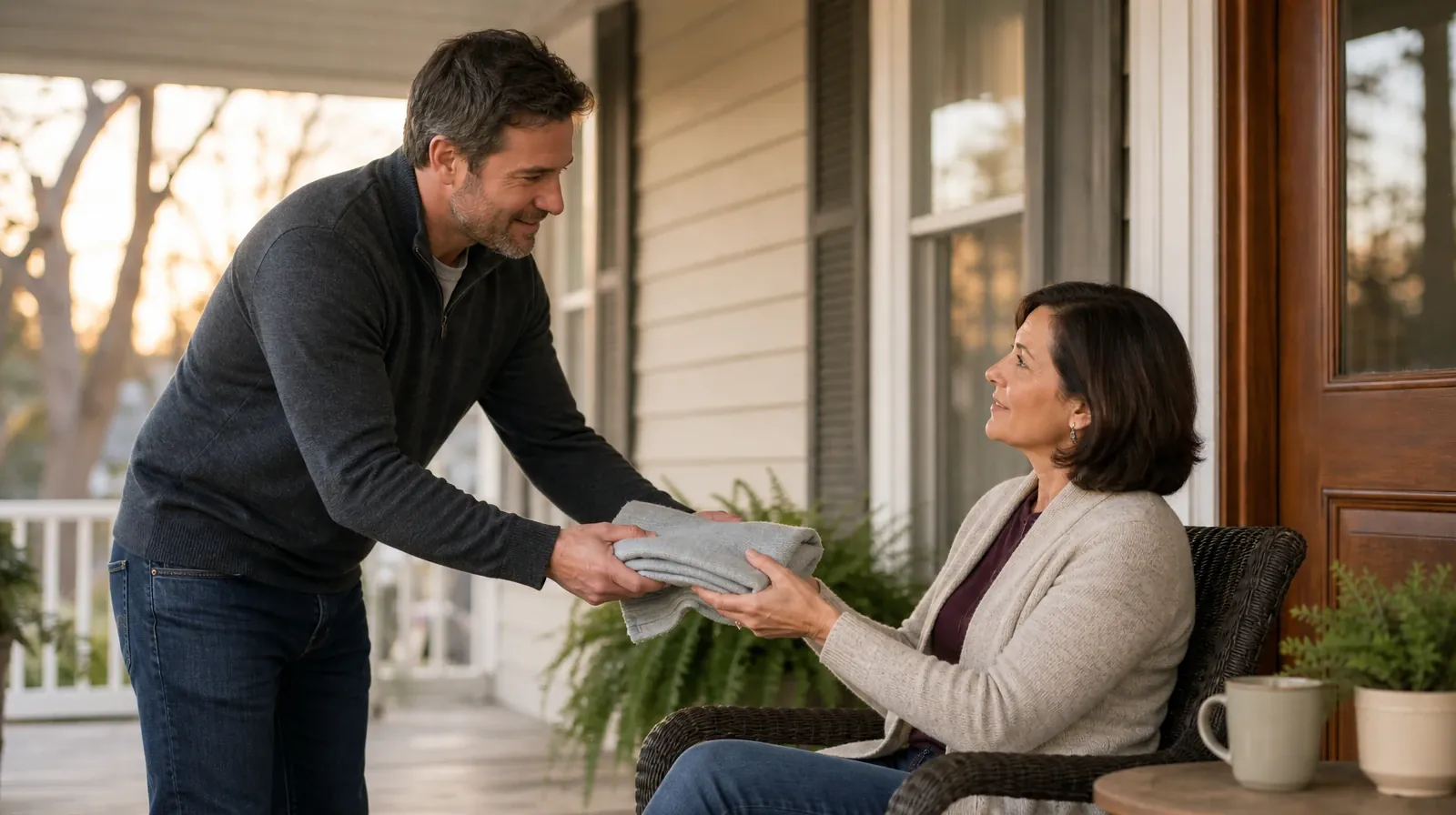 Alcohol Addiction Treatment for Overtown, Miami, FL Residents | An adult offers a folded light shawl to another adult… An adult offers a folded light shawl to another adult… · Alcohol Addiction Treatment for Overtown, Miami, FL Residents