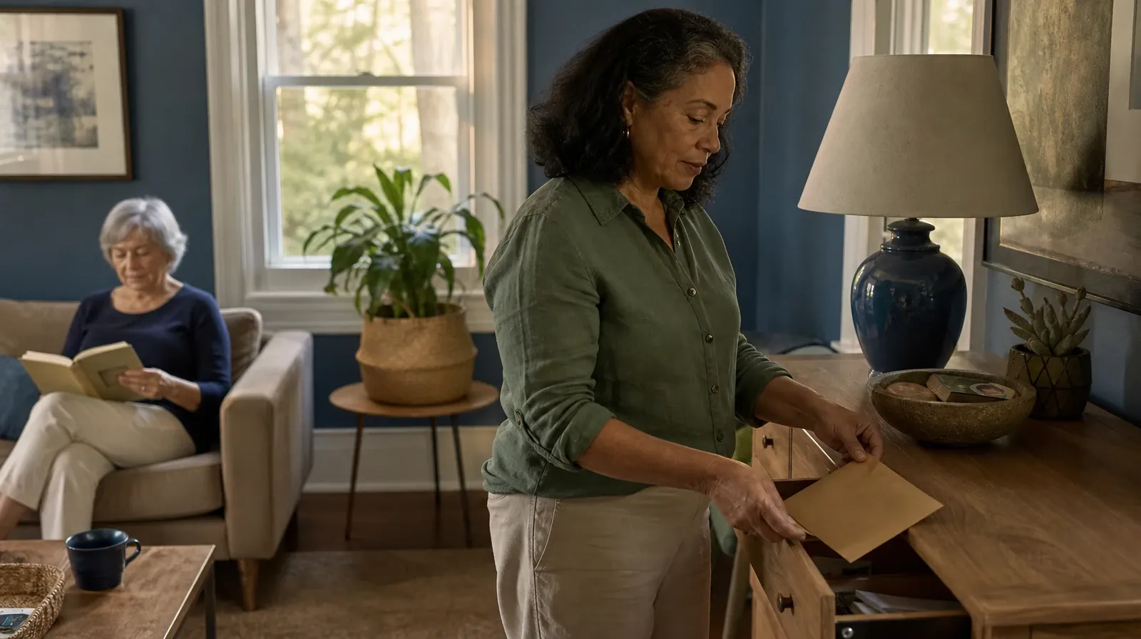 An adult places a plain sealed envelope in a drawer · Drug and Alcohol Detox for Shenandoah, Miami, FL Residents