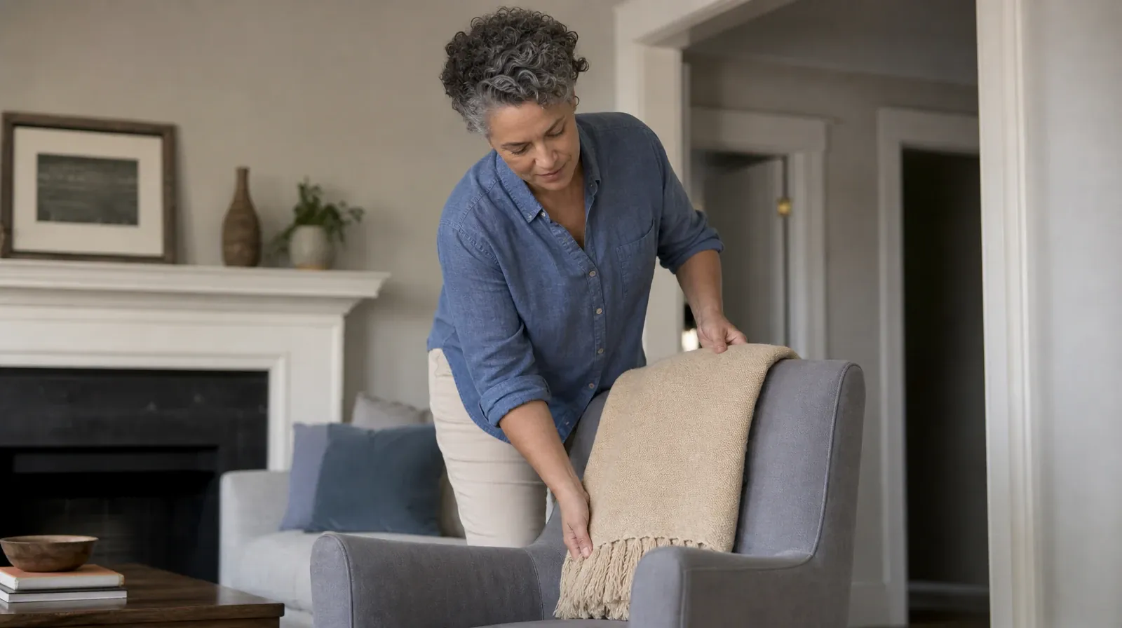 An adult folds a plain cotton throw over a chair · Supporting an Adult Loved One for Shenandoah, Miami, FL Residents