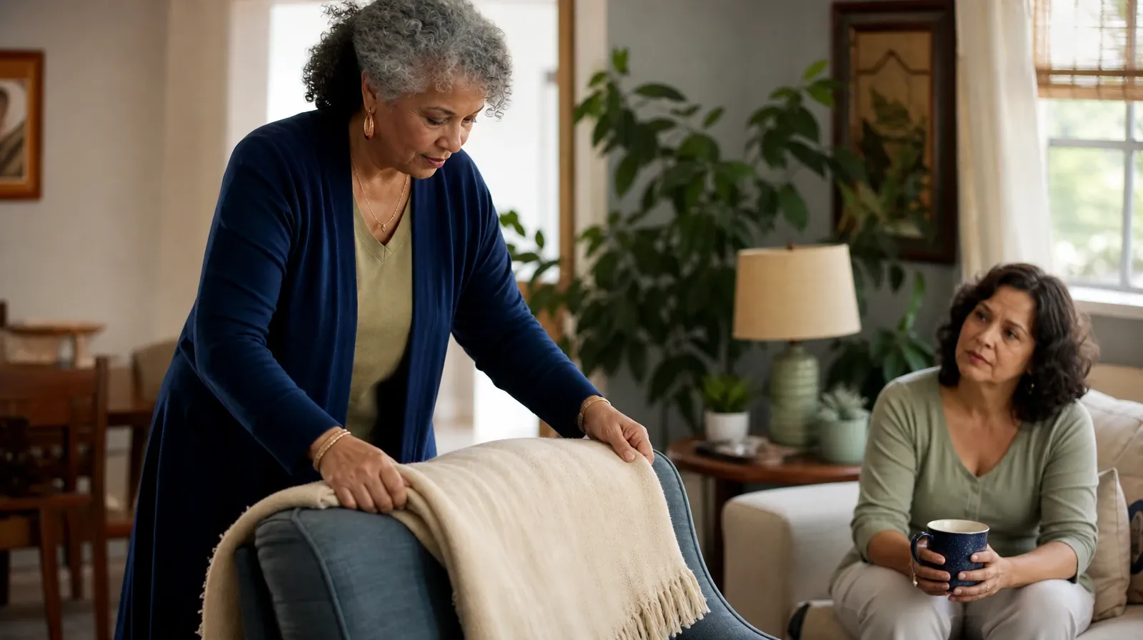 An adult folds a plain cotton throw over a chair · Supporting an Adult Loved One for Miami Shores, FL Residents