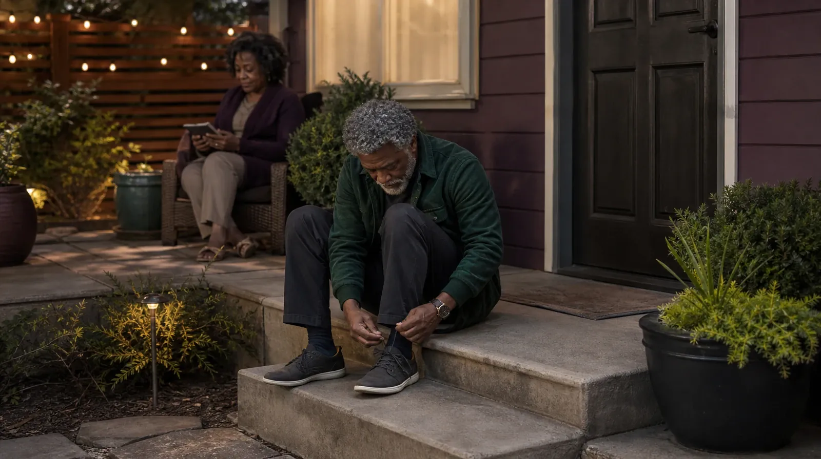 An adult ties a shoe on a low home step · Planning a Treatment Assessment for Miami Springs, FL Residents