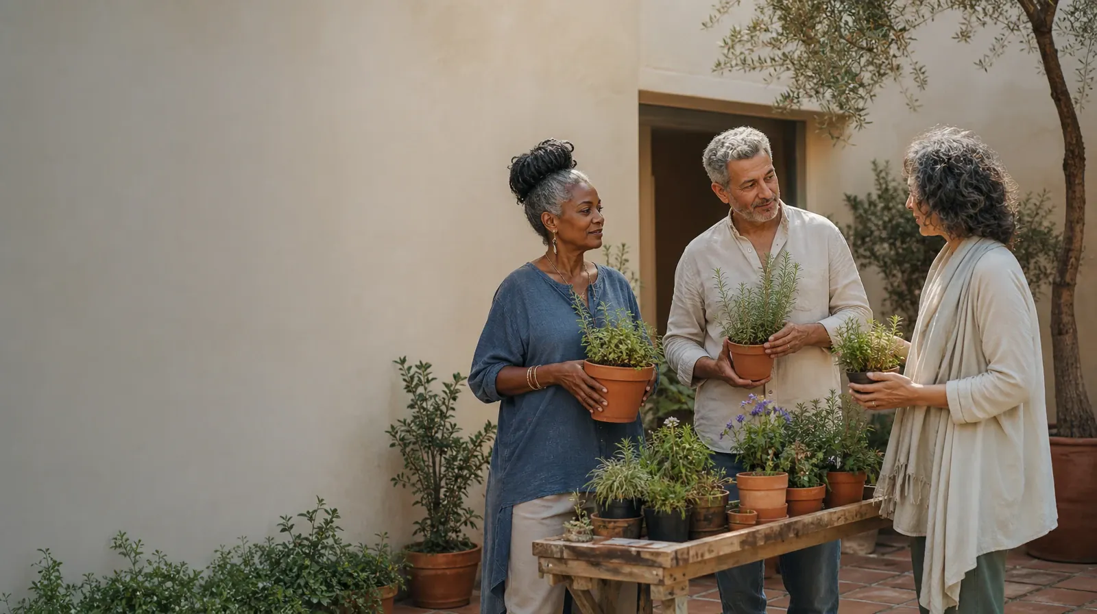 Three adults pause while tending plants in a courtyard · Addiction Treatment for Miami Springs, FL Residents