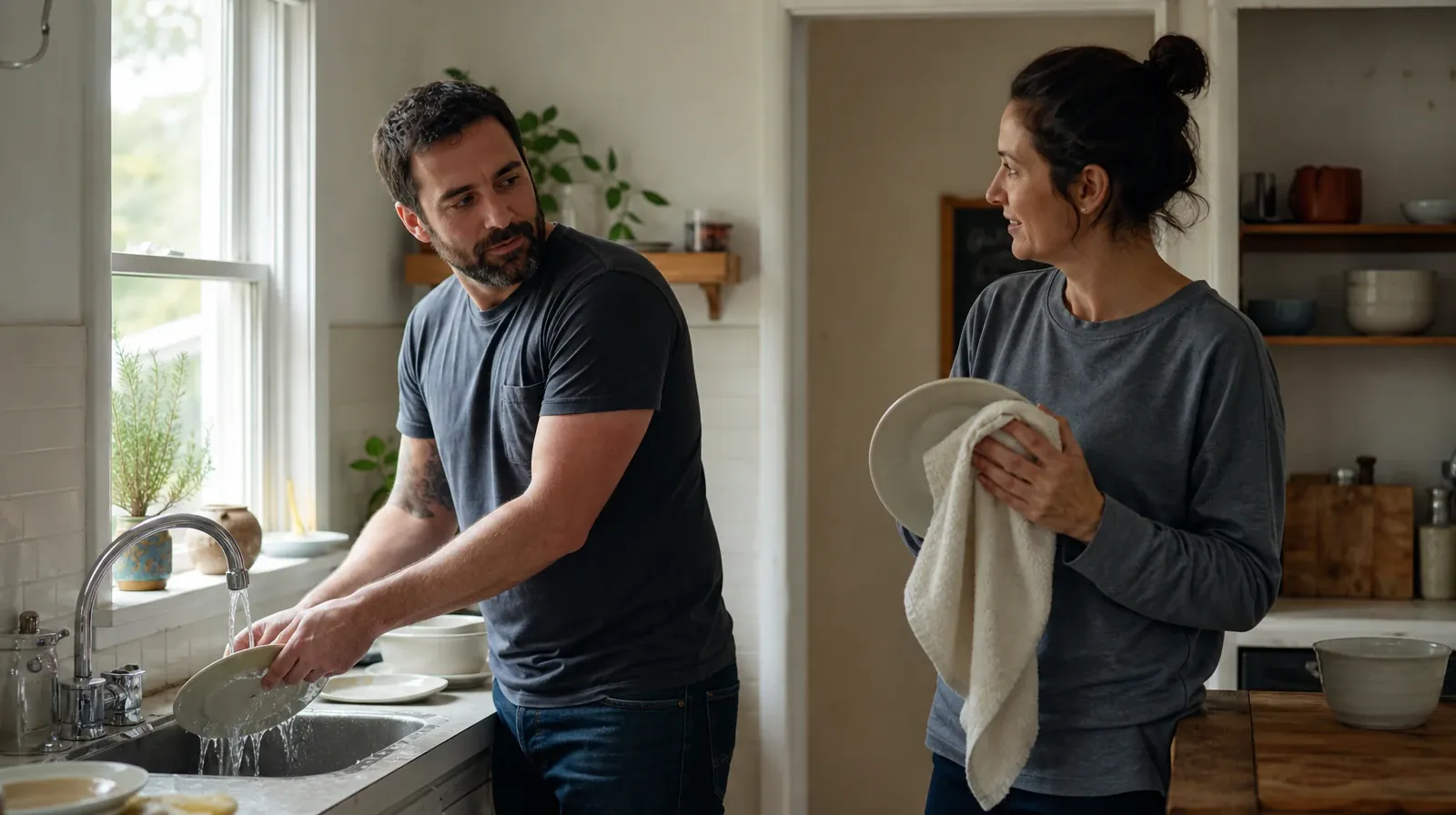 Two adults share washing and drying dishes at a kitchen sink · Residential Addiction Treatment for West Flagler, Miami, FL