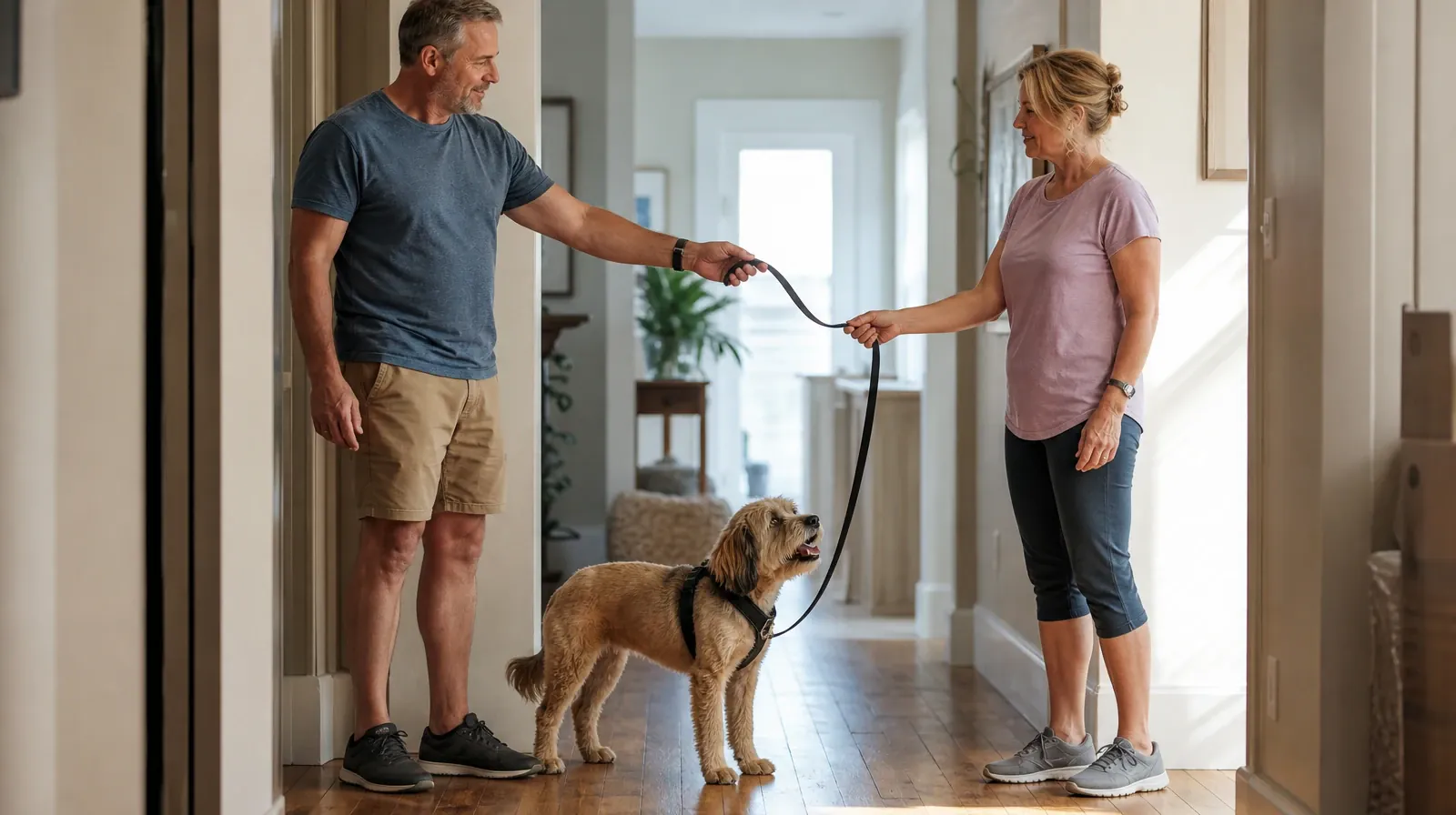 Drug and Alcohol Detox for Middle Torch Key, FL Residents | Two adults pass a dog leash between them in a home hallway… Two adults pass a dog leash between them in a home hallway… · Drug and Alcohol Detox for Middle Torch Key, FL Residents