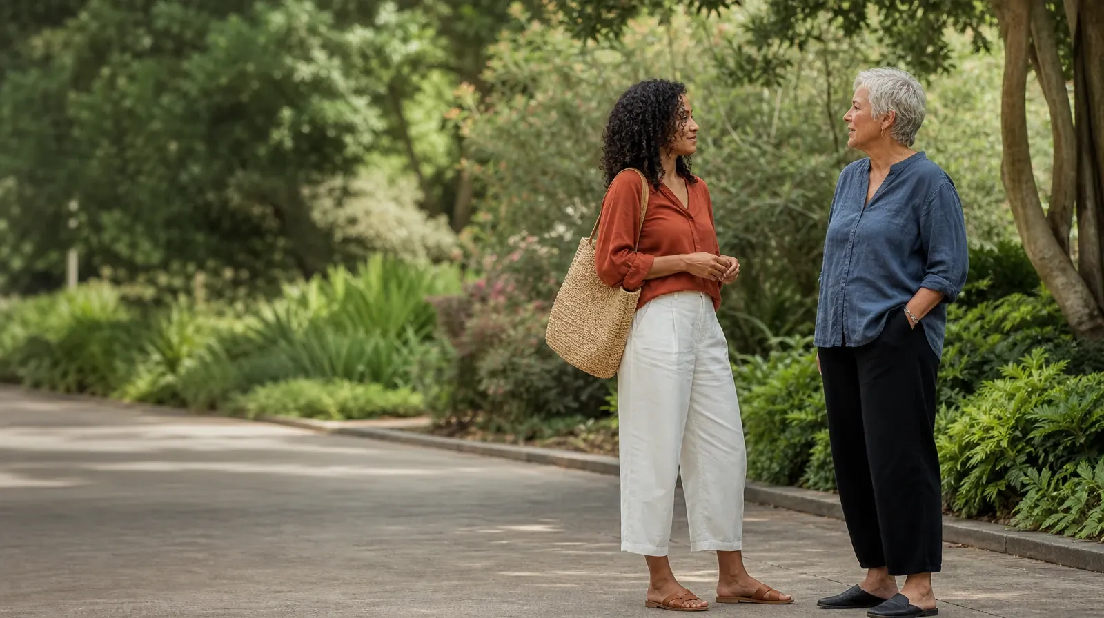Starting a Treatment Conversation for Miramar, FL Residents | Two adults pause to talk on a broad garden path Two adults pause to talk on a broad garden path · Starting a Treatment Conversation for Miramar, FL Residents