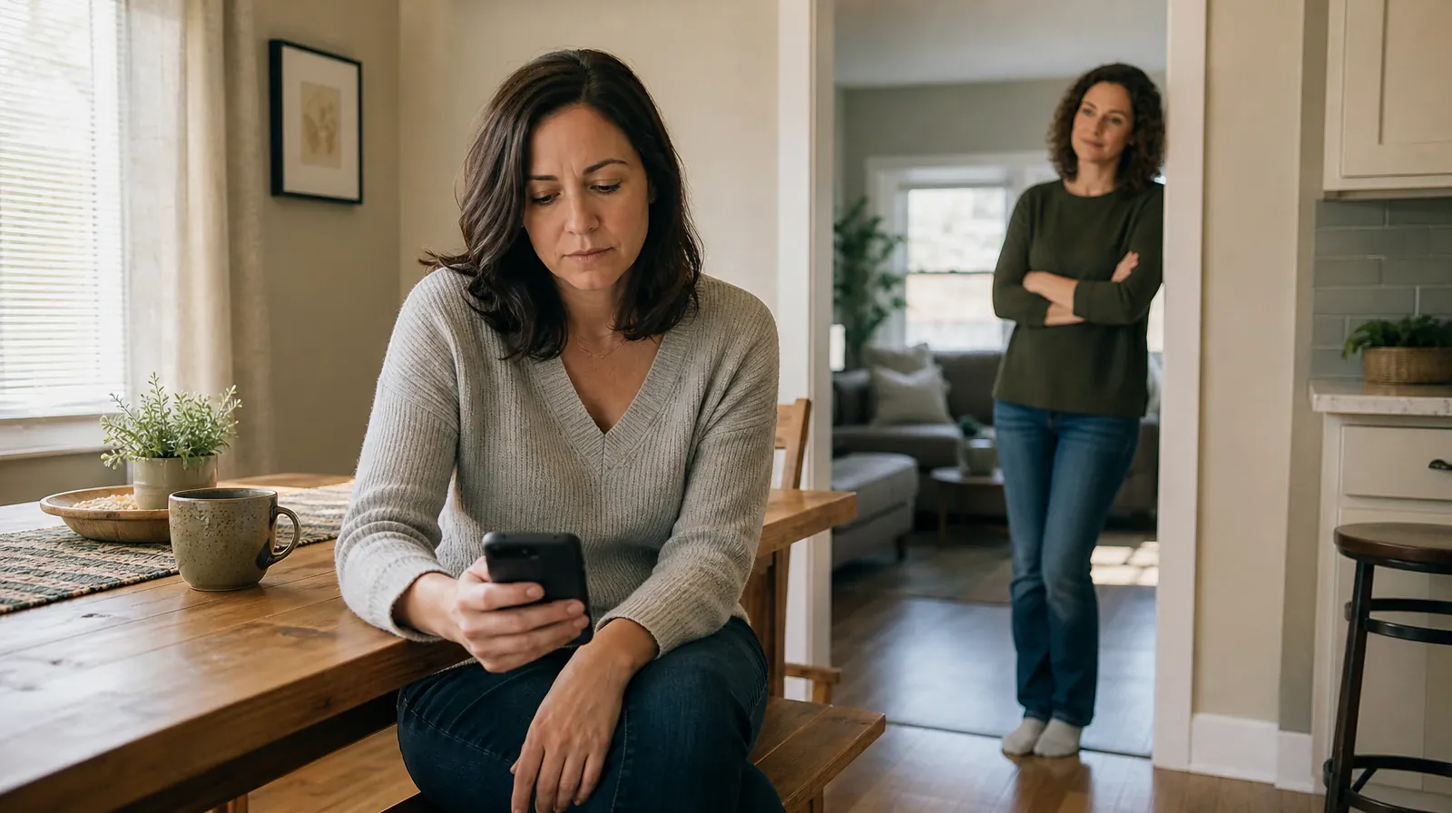 An adult pauses over a phone while another adult waits attentively a few… · Addiction Treatment for Miramar, FL Residents